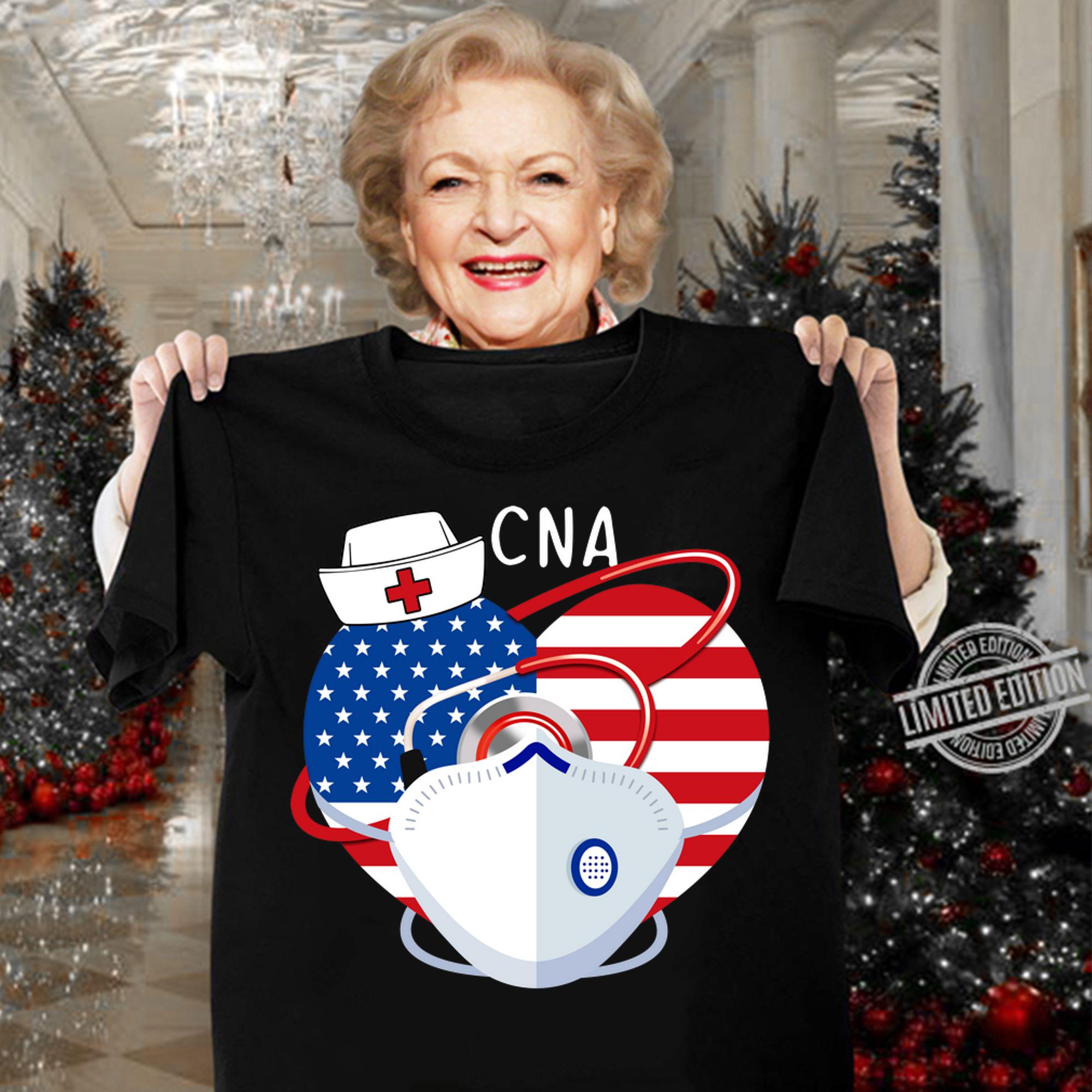 CNA American Flag Nurse Heart Mask Stethoscope t-shirt woman shirt