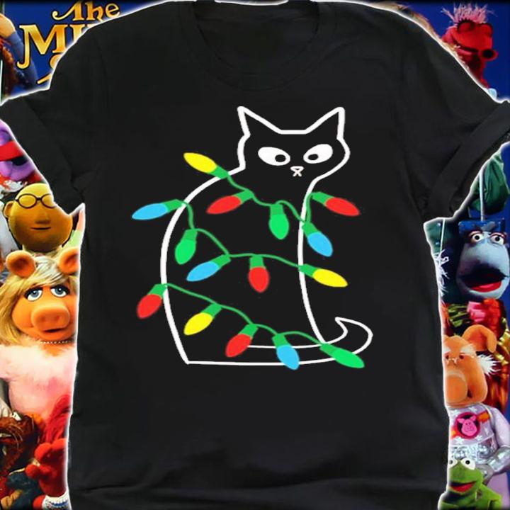 Black Cat Loves Christmas Lights Shirt t-shirt