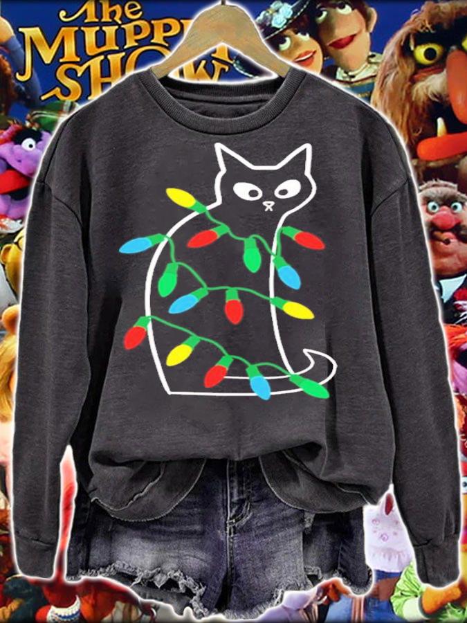 Black Cat Loves Christmas Lights Shirt t-shirt