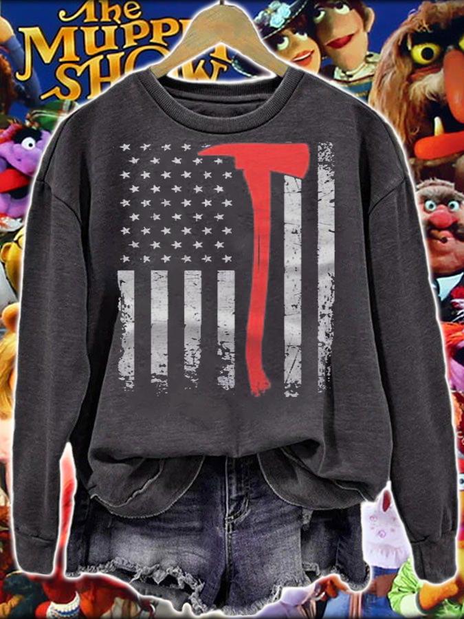 Wildland Firefighter Axe American Flag Thin Red Line Fireman Pullover Shirt sweatshirt