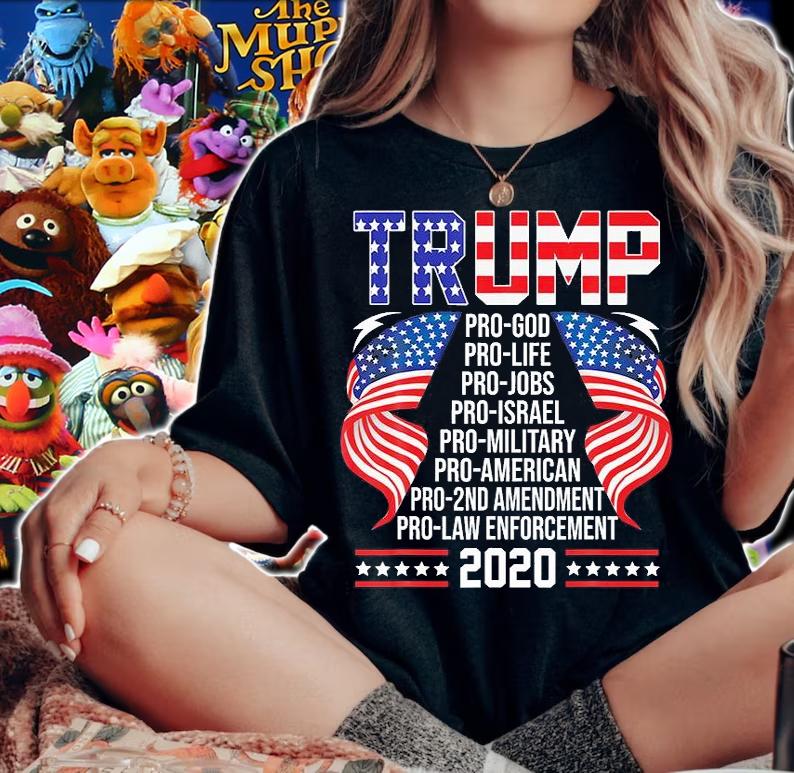 Trump 2020 Pro God Pro Life Pro Jobs Pro Israel USA Flag T-Shirt woman shirt