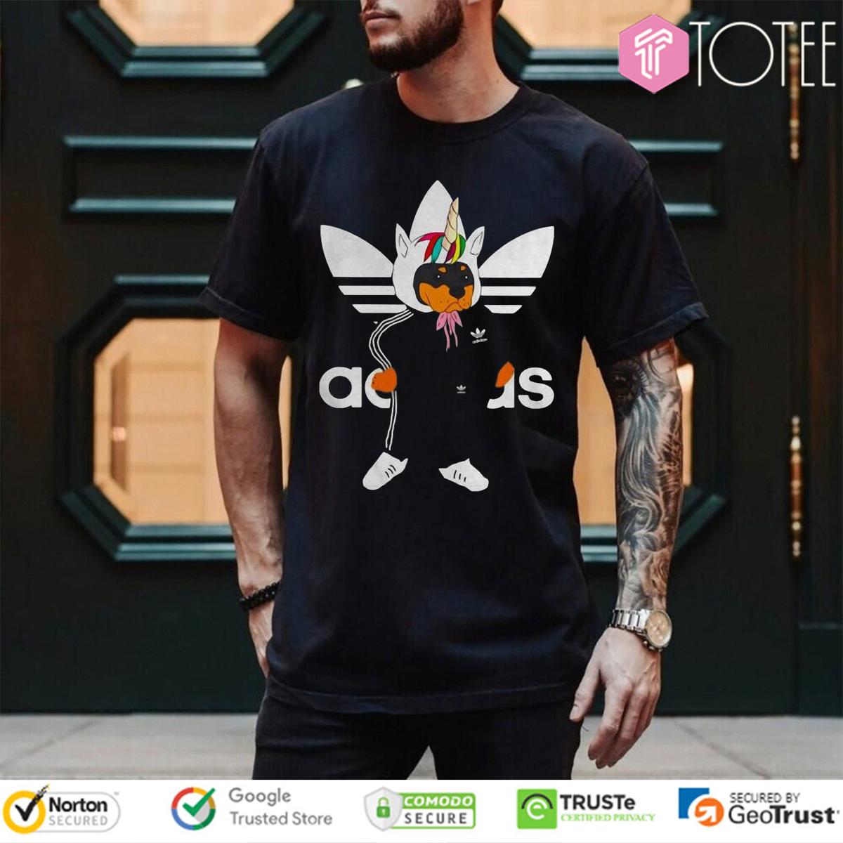 Rottweiler Wearing Unicorn Hat Parody Adidas Logo T-Shirt
